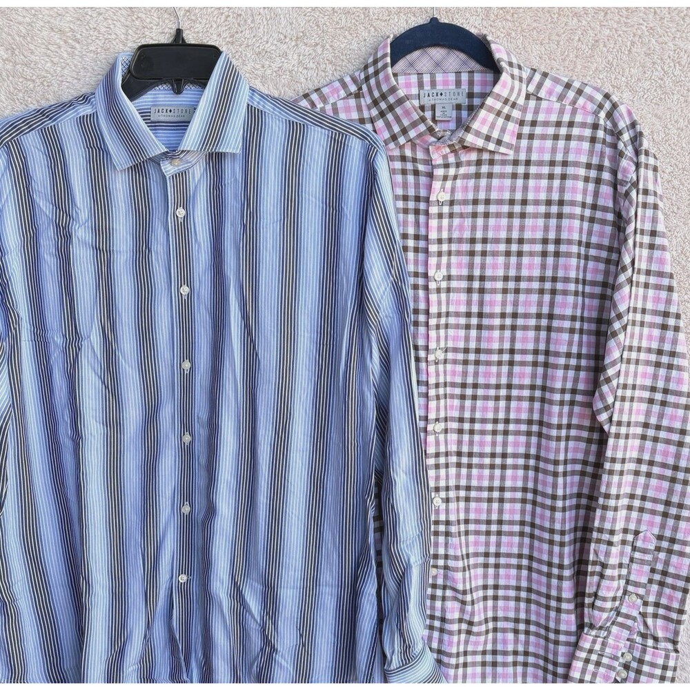 Jack Stone Thomas Dean Shirts Lot of 2 Mens XL Flip Cuff Button Up Pink Blue LS